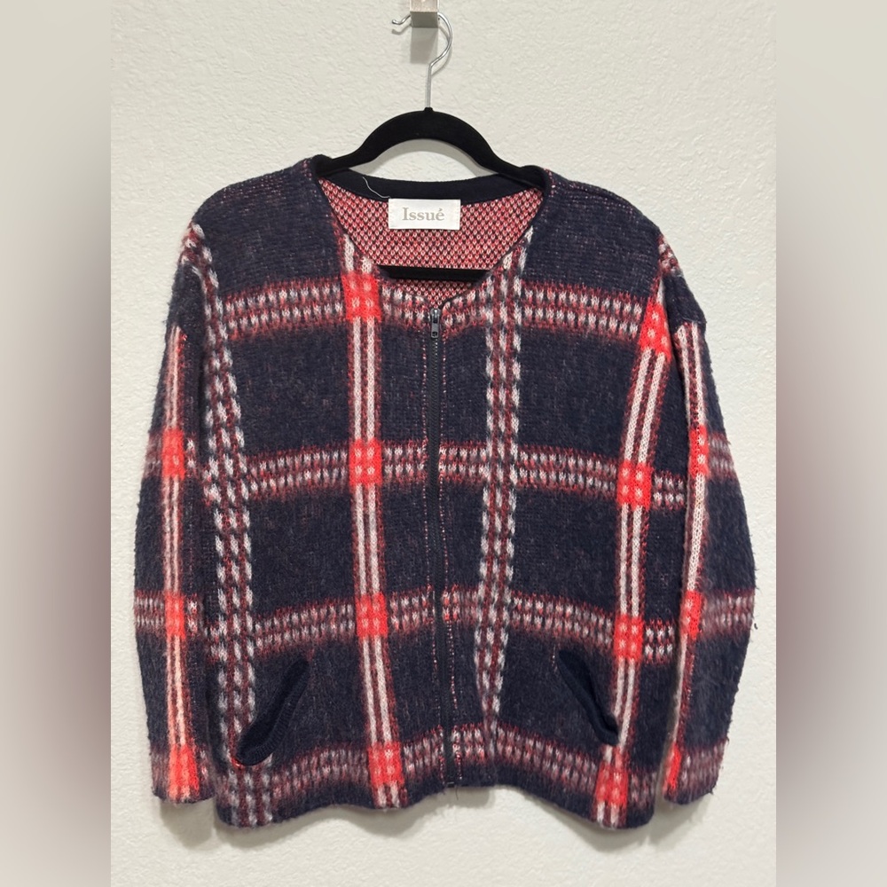 Plaid Cardigan Sweater - Red and Blue